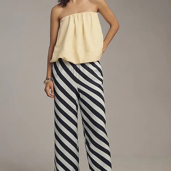 Anthropologie Maeve The Brooklin Printed Wide-Leg Pull-On Pants Blue Stripe L - Picture 2 of 3